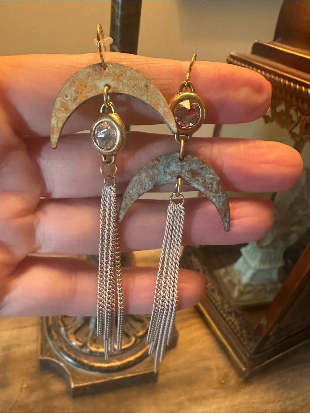 Gold and Silver Crescent Drop Earrings with Crystal Accent